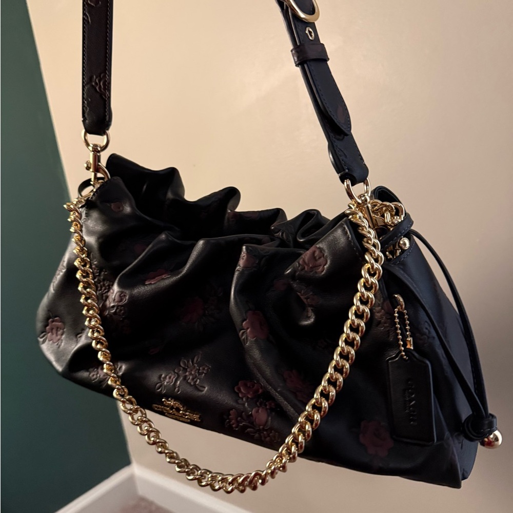 Black Floral Coach embossed large Faye with Gold Chain.
